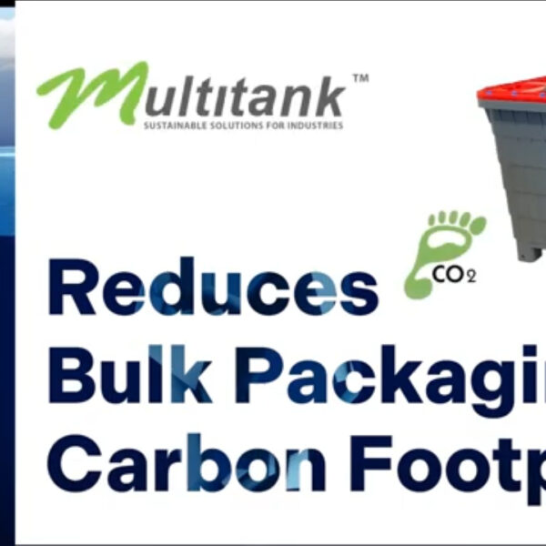 Promotional image for MultiTank featuring the text "Decreases Bulk Packaging Carbon Footprint," accompanied by a green footprint icon and an illustration of a large container with a red lid.