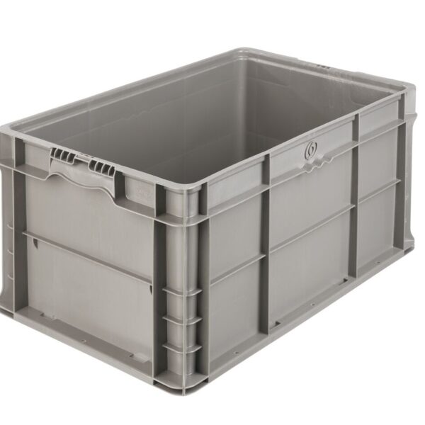 The NXO2415-11.5 is a large, empty gray plastic storage crate with reinforced sides and an open top, displayed against a white background.