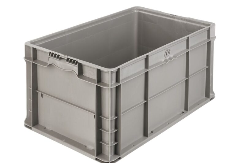 The NXO2415-11.5 is a large, empty gray plastic storage crate with reinforced sides and an open top, displayed against a white background.