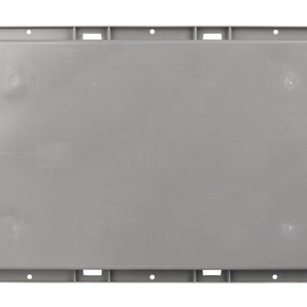 Gray plastic rectangular lid with raised edge and indented corners, designed to fit a matching container. Product name: NXO2415-11.5.