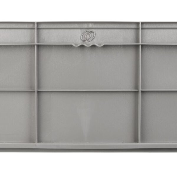 A gray plastic storage crate, NXO2415-11.5, shown from the side with reinforcement ribs and a circular embossed logo near the top center.