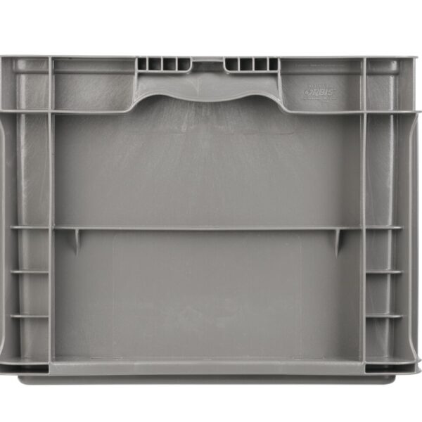 The NXO2415-11.5 is a gray plastic storage crate with a reinforced frame and a top-center handle, shown from the side.