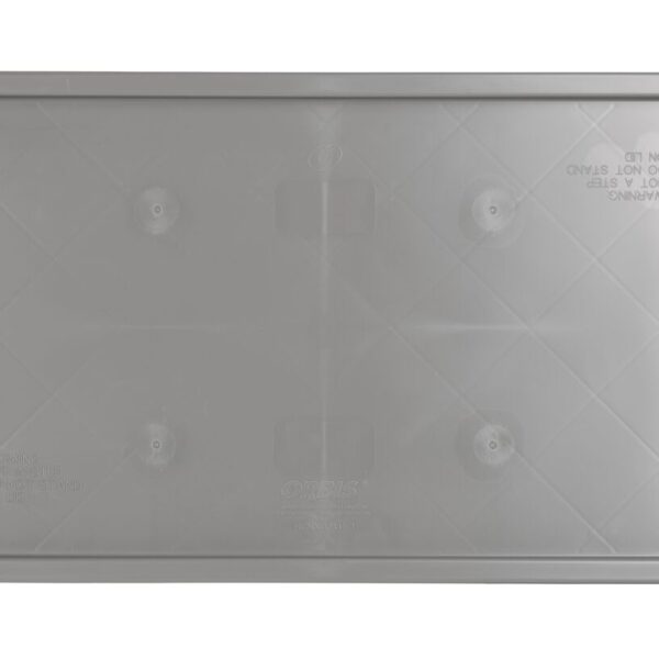The RCNXO2415-1 is a gray rectangular plastic container lid with raised edges and embossed text, shown from above on a white background.