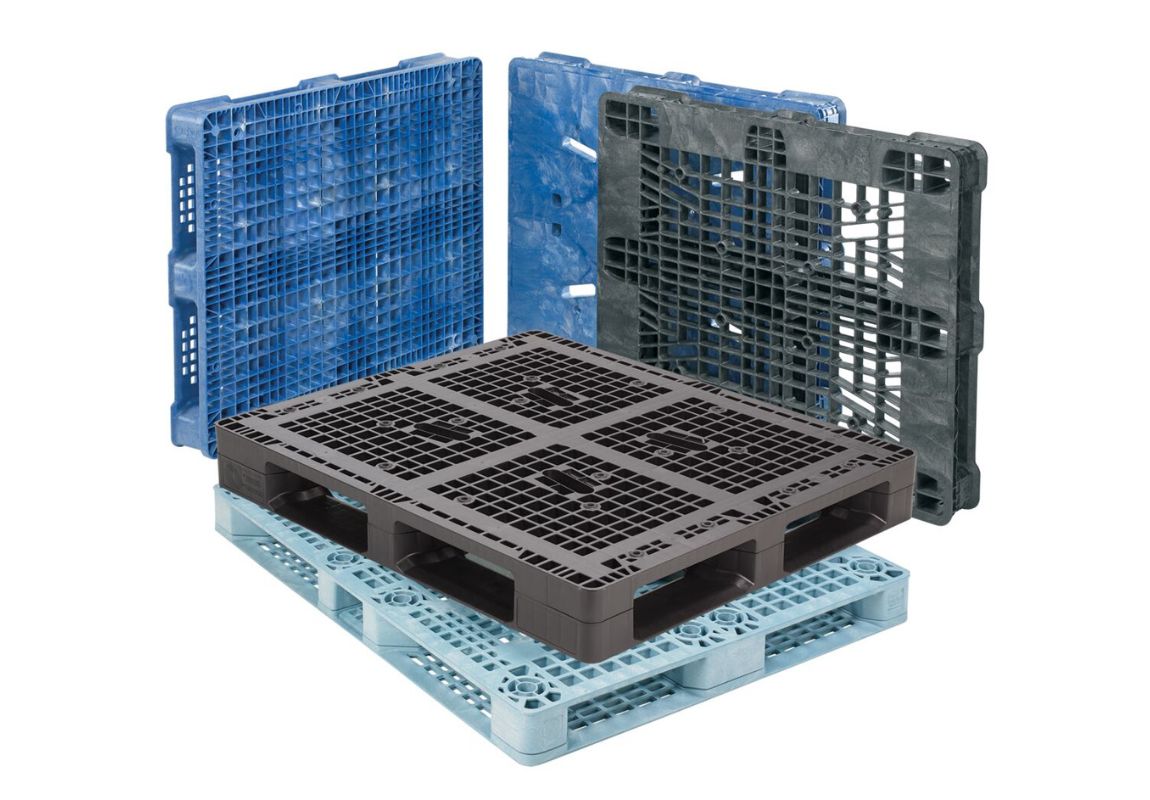 Four plastic pallets are displayed on a white background.