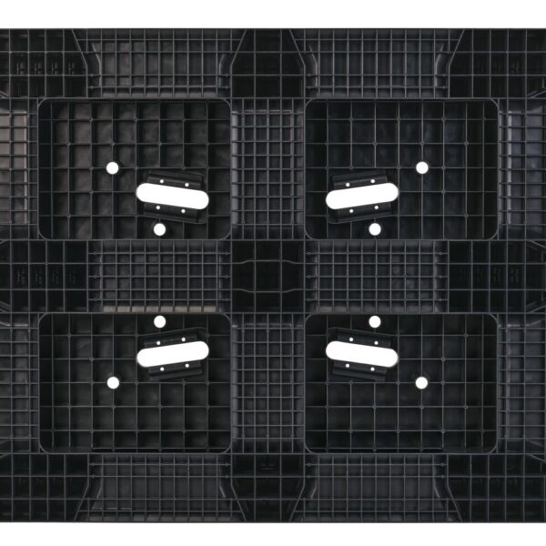 A black plastic pallet tray with four holes.