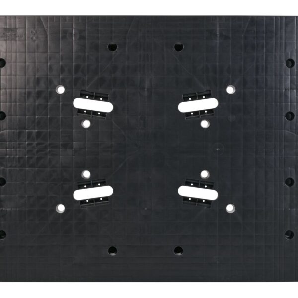 A black plastic pallet with holes.