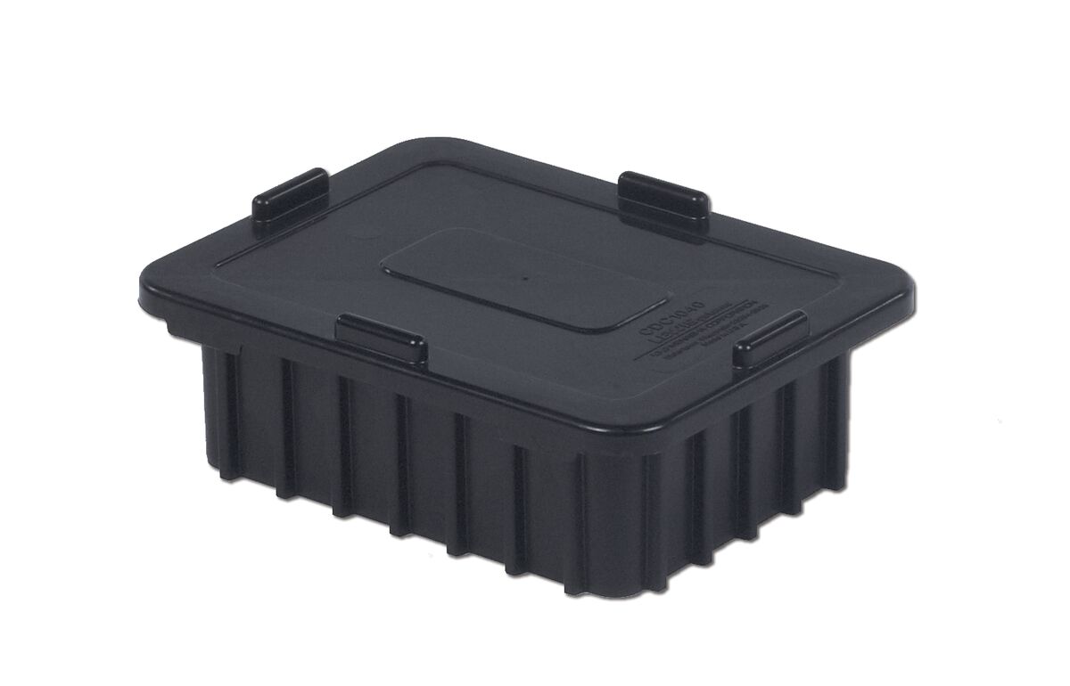 A rectangular black plastic container with a fitted lid.