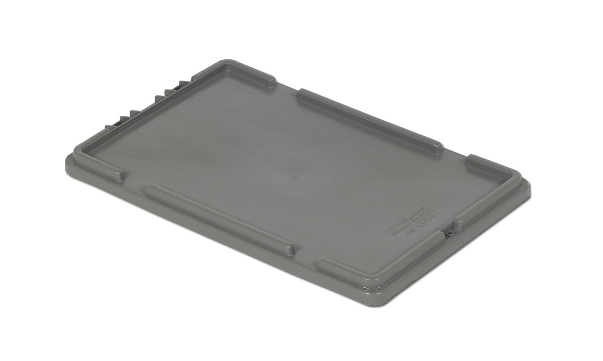 A gray plastic lid with a rectangular shape, suitable for a container, shown on a plain white background.