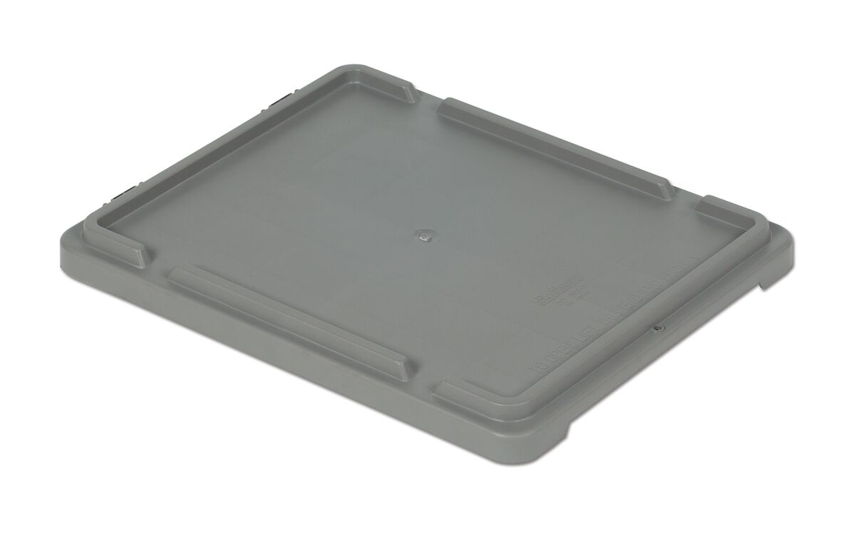 Gray rectangular plastic lid with four raised edges designed to fit a matching container.