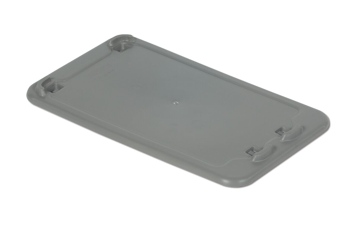 Gray plastic lid with four clasps, designed to fit over a rectangular container, shown against a white background.