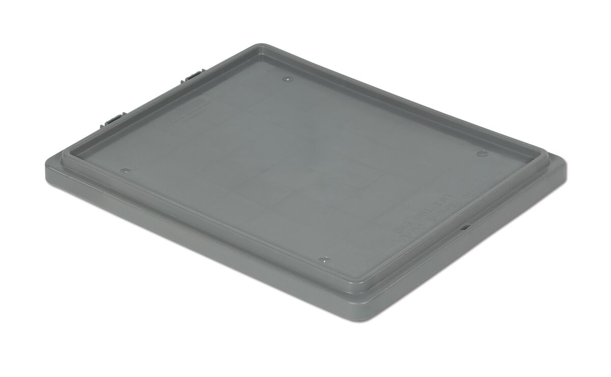 Grey rectangular plastic lid with slightly raised edges and small latch points on one side.