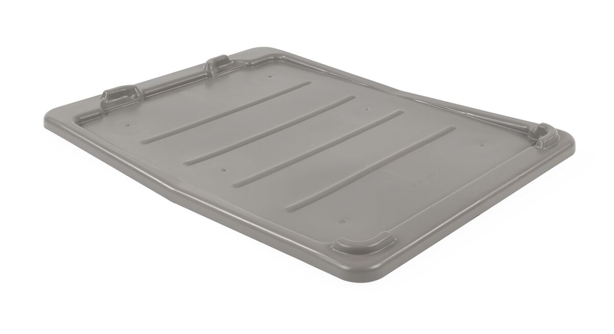 A rectangular, gray plastic lid with ridges, designed for a storage container.