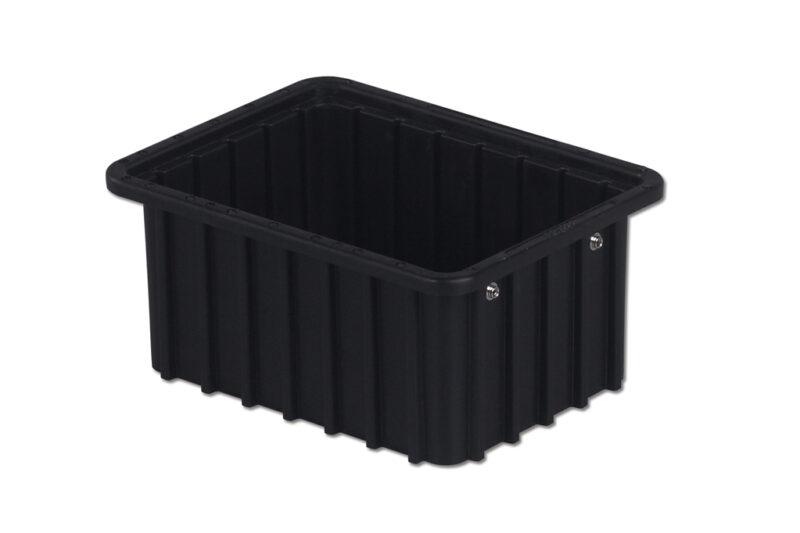 The DC1050-XL is a black rectangular plastic container featuring vertical grooves and an open top.