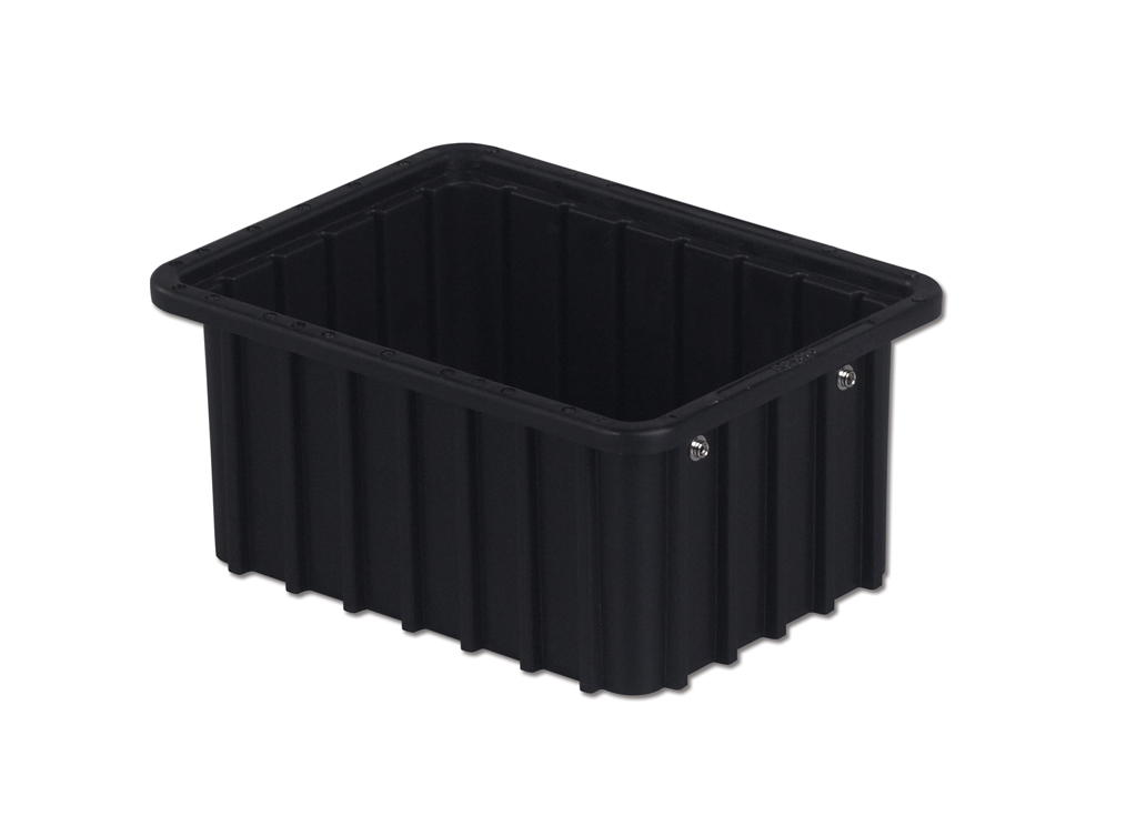 The DC1050-XL is a black rectangular plastic container featuring vertical grooves and an open top.