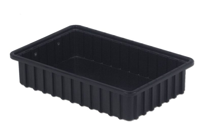 A black, rectangular plastic container with ridged sides and a flat bottom, DC2035-XL.