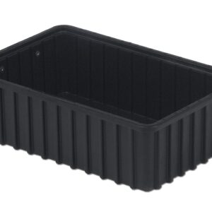 A rectangular, black plastic container with ribbed sides and no lid, labeled as DC2050-XL.
