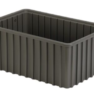 A rectangular, gray plastic storage container with vertical ridges and an open top.