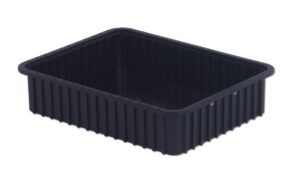 A black rectangular plastic container, DC3050-XL, featuring ridged sides and a slightly raised edge.