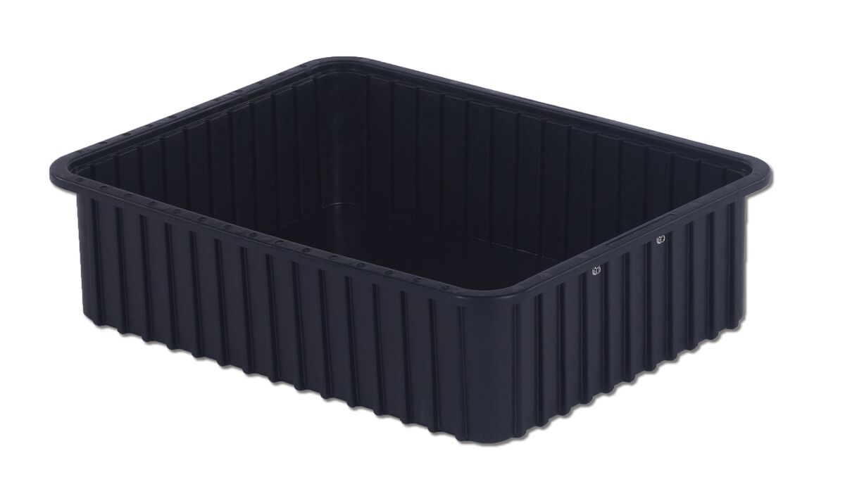 A rectangular, black plastic container with ridged sides and an open top, model DC3060-XL.