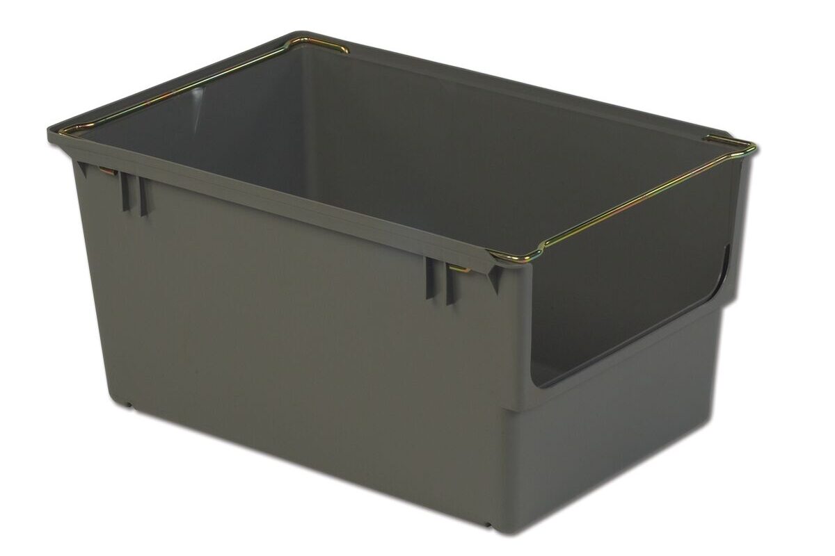 A large, rectangular, open-top gray plastic storage bin with metal handles on its sides. The bin has a deep interior and reinforced edges.