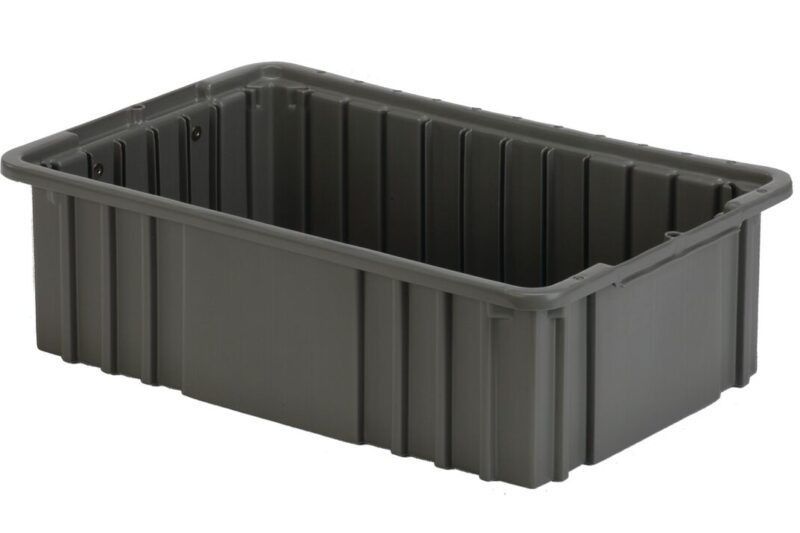 A grey, rectangular plastic storage crate with a ribbed exterior and no lid.