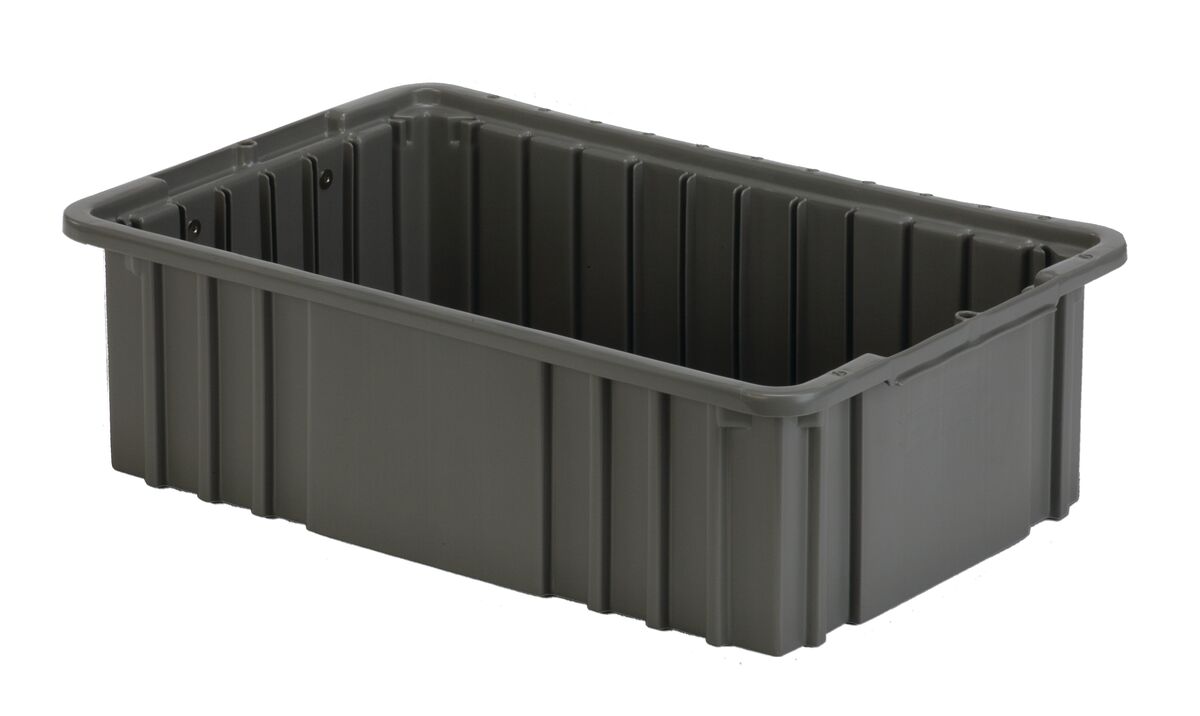 A grey, rectangular plastic storage crate with a ribbed exterior and no lid.