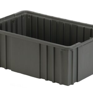 A large, empty, gray plastic storage container with reinforced sides and a rectangular shape.