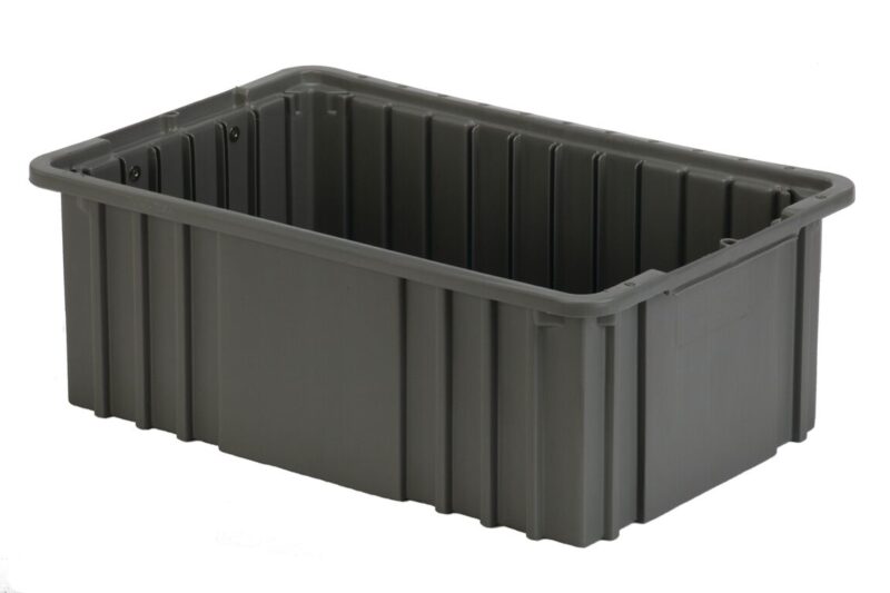 A large, empty, gray plastic storage container with reinforced sides and a rectangular shape.
