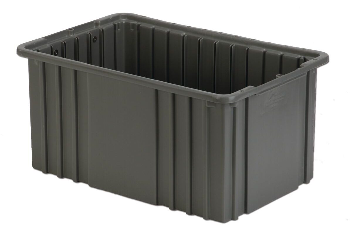 A rectangular, gray plastic storage bin with ribbed sides and an open top.