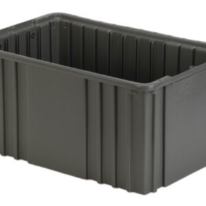 A rectangular, gray plastic storage bin with ribbed sides and an open top.