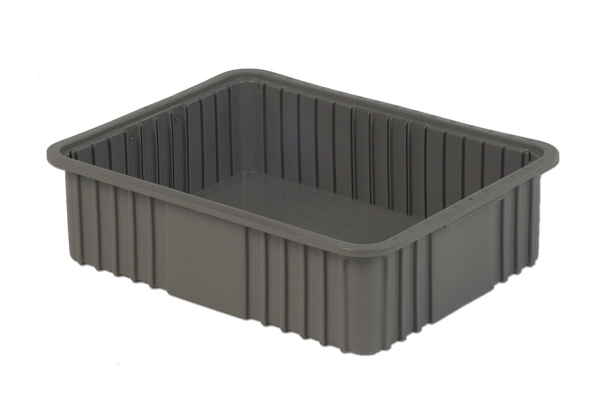 A rectangular, deep, gray plastic container with a ridged exterior sidewall design.