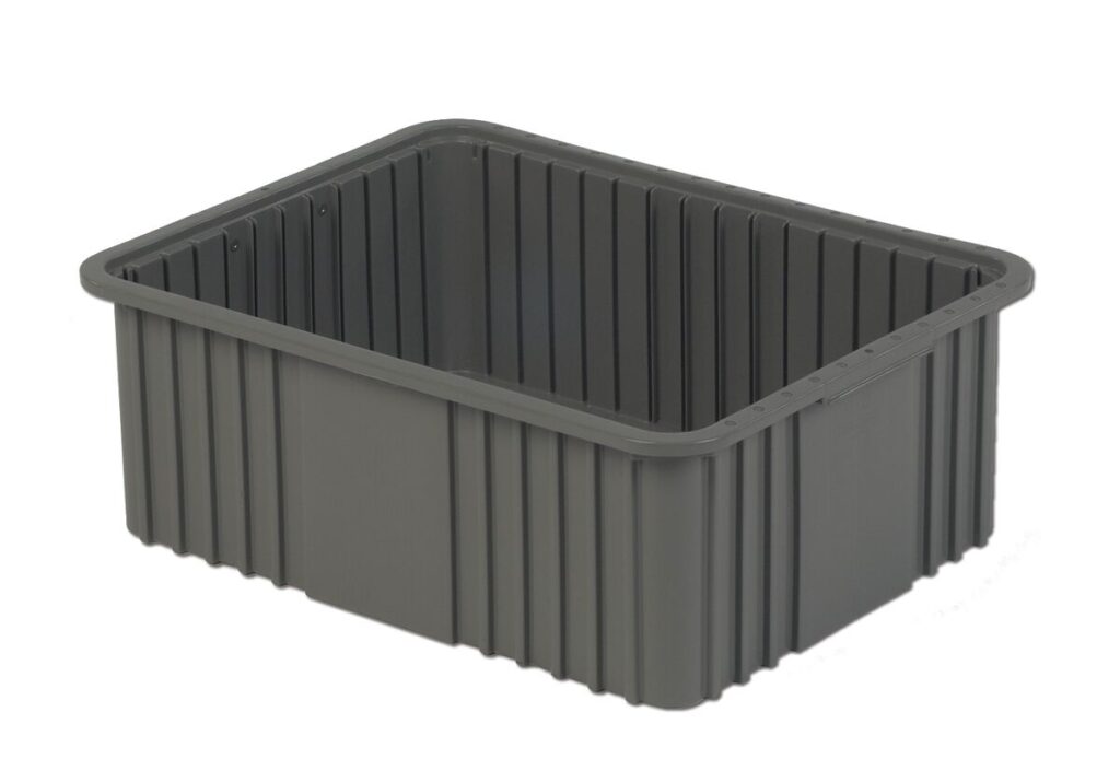 A gray rectangular plastic storage bin with ribbed sides and a flat bottom.