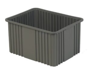 A large, rectangular, gray plastic storage bin with ridged sides.