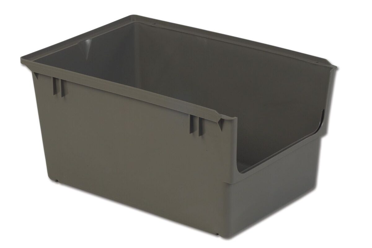 A large, empty, gray plastic storage bin with straight sides and a rectangular shape.