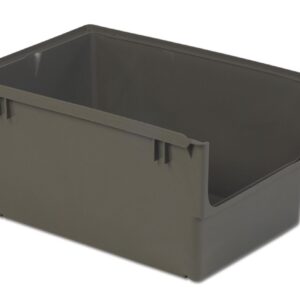 A large, empty, gray plastic storage bin with straight sides and a rectangular shape.