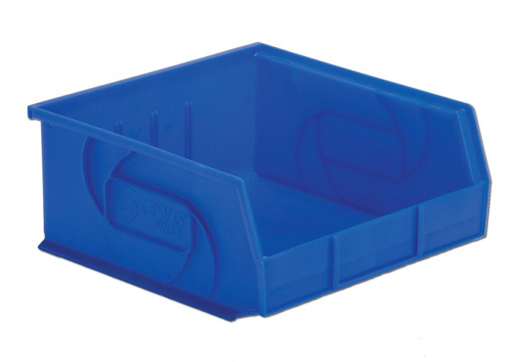 A blue plastic storage bin with a wide opening and stackable design.