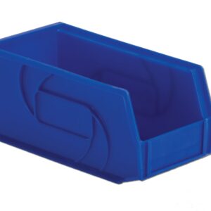 A blue plastic storage bin with an open front for easy access to contents.