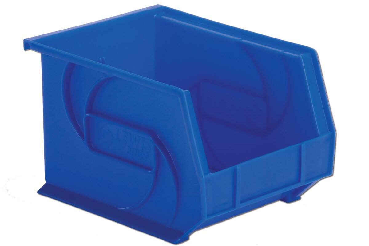 A blue plastic storage bin with an open front and ridged sides designed for organizing small items.