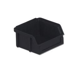 Black plastic storage bin with an open front for easy access.