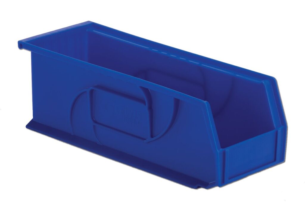 A blue, rectangular storage bin with an open front side, designed for organizing small parts or tools.