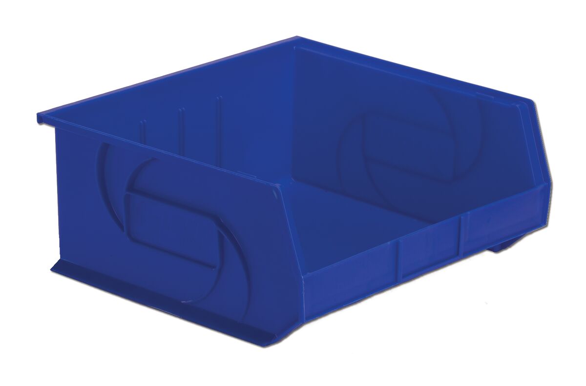 A blue, empty plastic bin with a lowered front edge for easy access and storage.