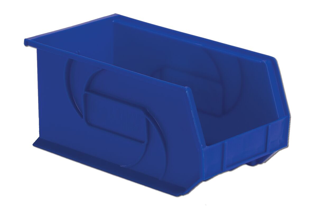 A blue plastic storage bin with an open front and a rectangular shape.