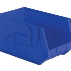 A blue plastic storage bin with a front opening for easy access.