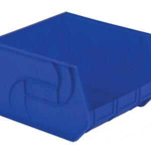 A blue plastic storage bin with an open front.
