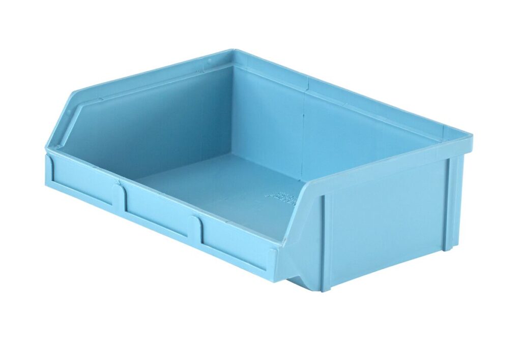 A blue, rectangular storage bin with a slanted front for easy access.