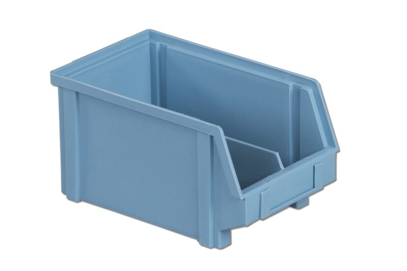 A blue plastic storage bin with an open front and a label holder on the side.