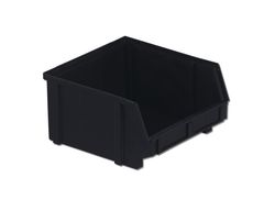 A small, black plastic storage bin with an open front.