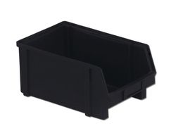 A black plastic storage bin with an open front, designed for holding small items.