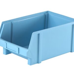 A large, empty blue plastic storage bin with an open front and a rectangular design.