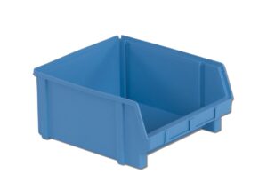 Blue plastic storage bin with an open front and reinforcing ridges on the sides and base.